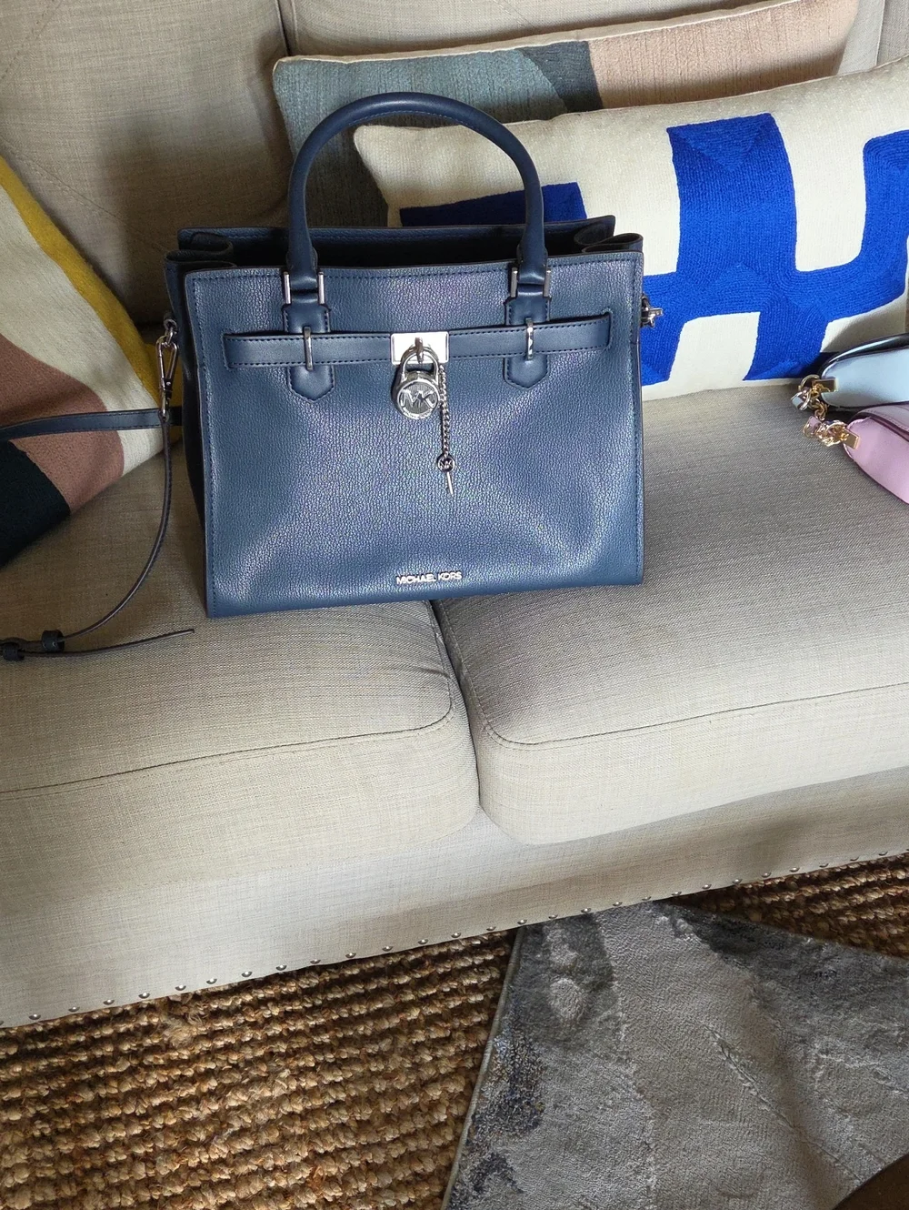 Michael Kors Navy Pebbled Leather Satchel with Lock Charm